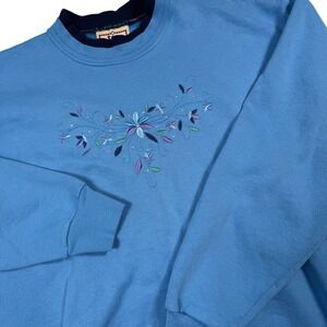 Top Stitch Women M Blue Floral Embroidery Rhinestone Sweatshirt Granny Cottage
